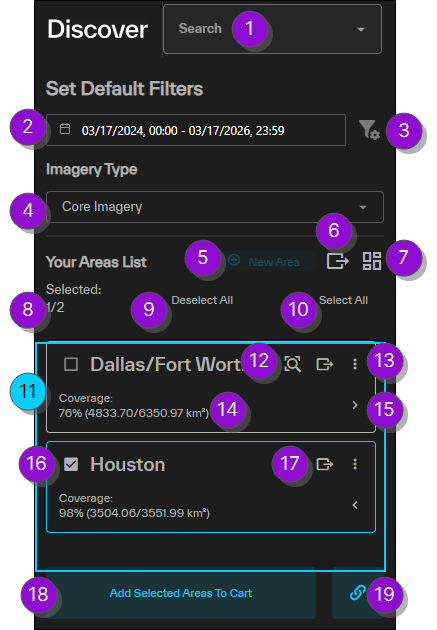 search results panel overview with numbered areas